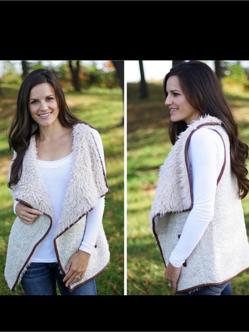 NWT Maurices Cream Faux-Shearling Open Front Vest with Brown Trim